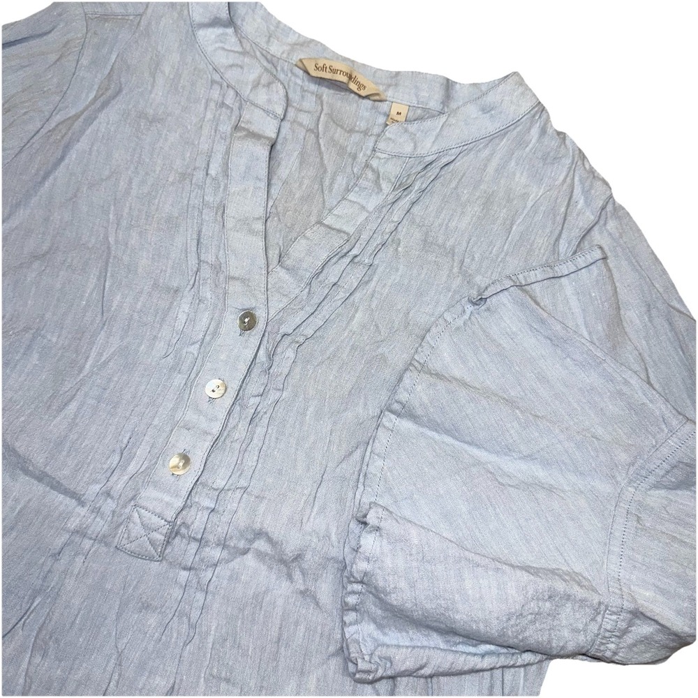Soft Surroundings Blue Pintuck Raisa Linen Blend Top Bell Sleeve Beach Women's M - Picture 2 of 10